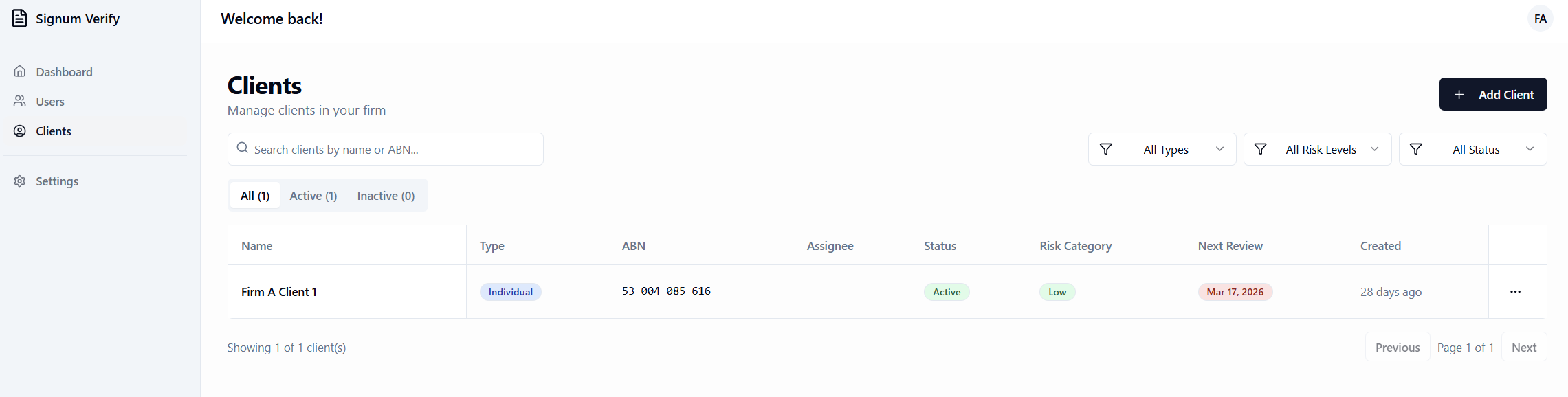 Signum Verify client dashboard — AML/CTF compliance workflow platform for Australian accountants and lawyers
